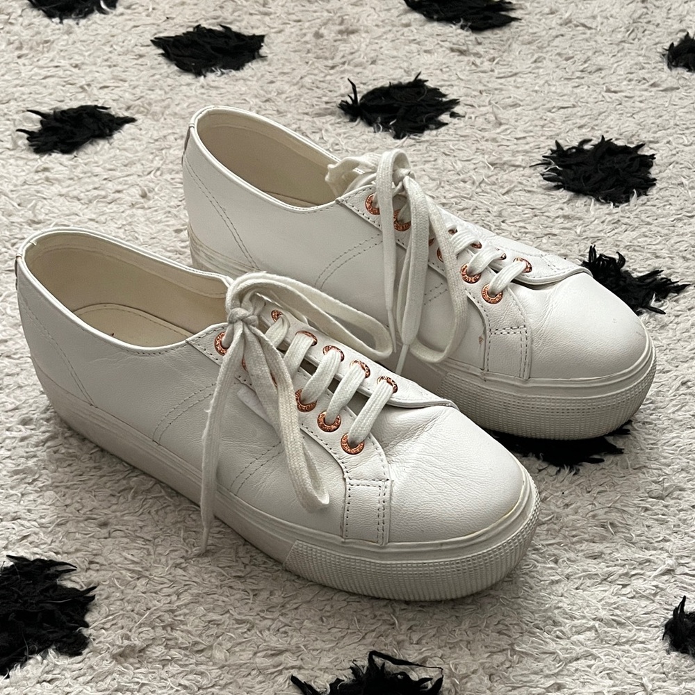 Superga size 6.5 White Platform Sneakers with Rose Gold Accents